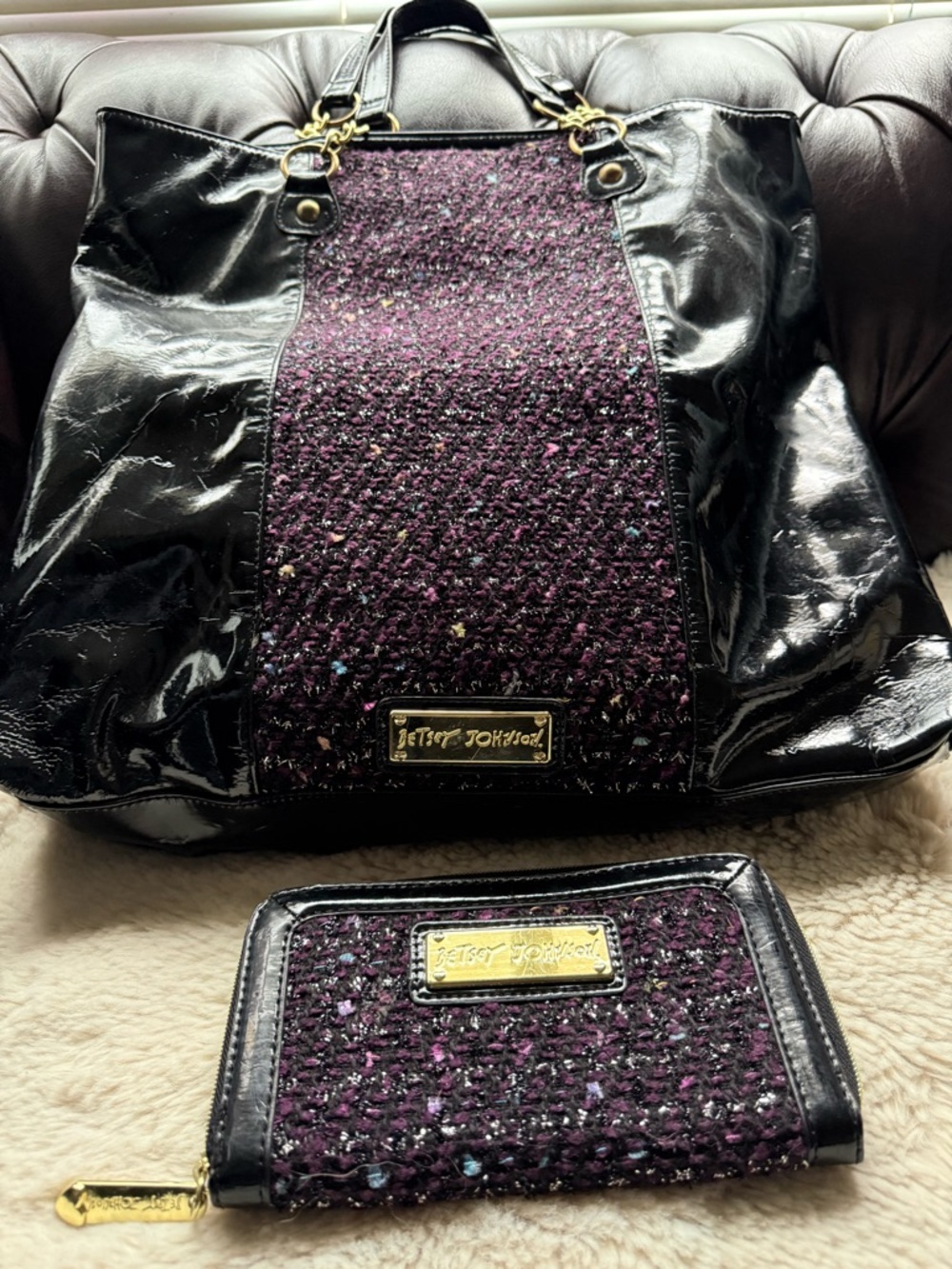 Betsey Johnson Vintage - 2 Pieces Tote and Wallet Patent Tweed *Bag Callouts
